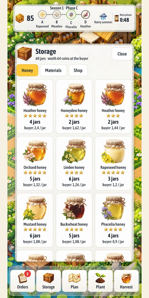 Storage with jars of heather, honeydew, linden, rapeseed and other honeys