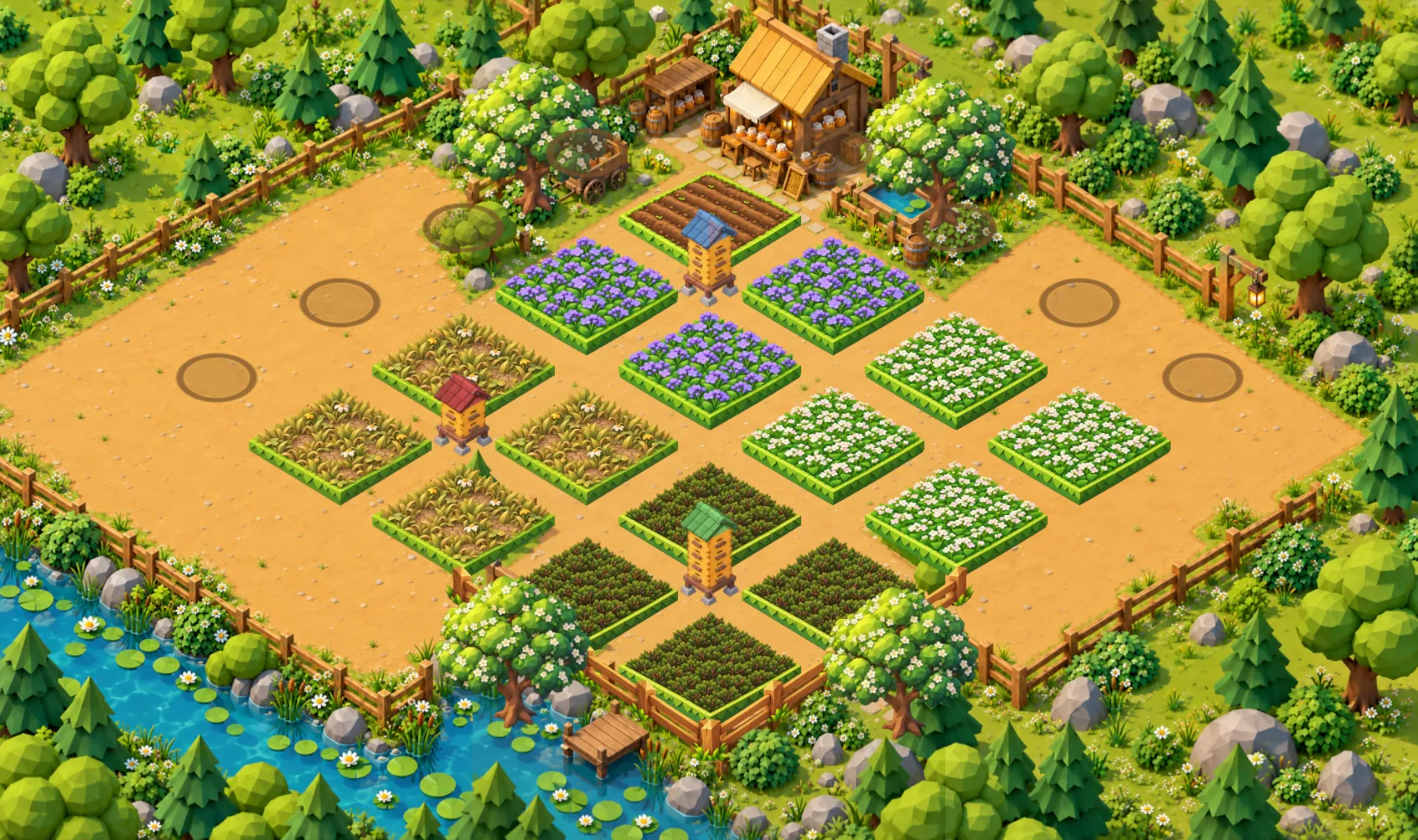 A small farm from the game: raised fields of rapeseed, phacelia, meadow and buckwheat, with hives on the paths between them.