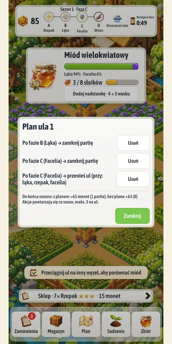 Okno planu ula z trzema regułami na sezon